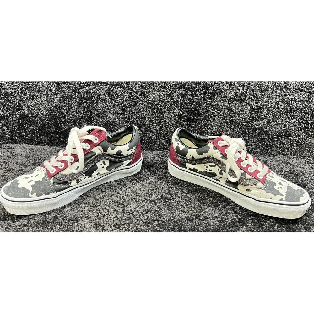 Vans Old Skool Custom Cow Print Glitter Stripe Burgundy Heel Sneakers 6M/7.5W